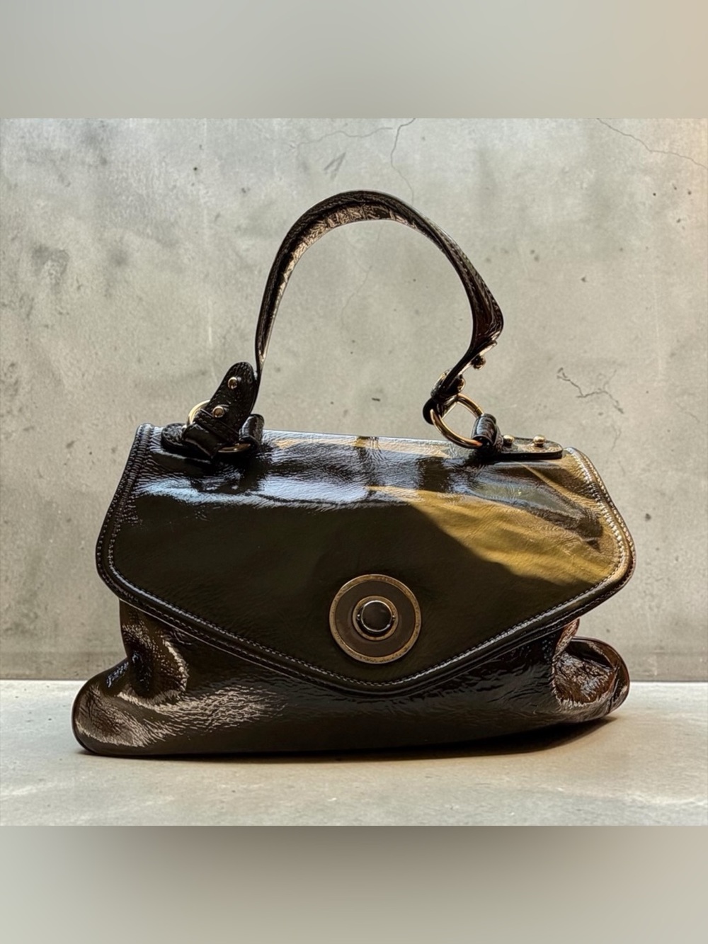 Vintage Badgley Mischka Olive Green Patent Leather Top Handle Bag